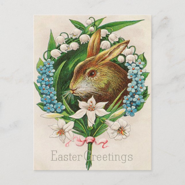 Vintage Bunny Floral Wreath Osterfeier Postkarte (Vorderseite)