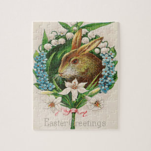 Vintage Bunny Floral Wreath Osterfeier Puzzle
