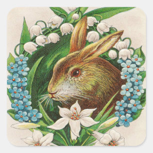 Vintage Bunny Floral Wreath Osterfeier Quadratischer Aufkleber
