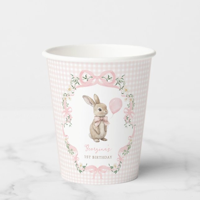 Vintage Bunny Pink Bow Girl 1st Birthday Pappbecher (Vorderseite)