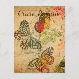 Vintage Bunte Schmetterlinge Floral Blumen Französ Postkarte