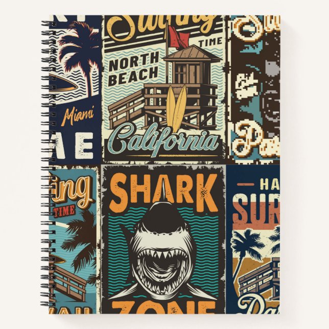 Vintage bunte Surfplakate Set mit Surfbus Notizbuch (Vorderseite)
