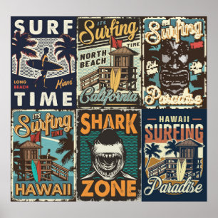 Vintage bunte Surfplakate Set mit Surfbus Poster