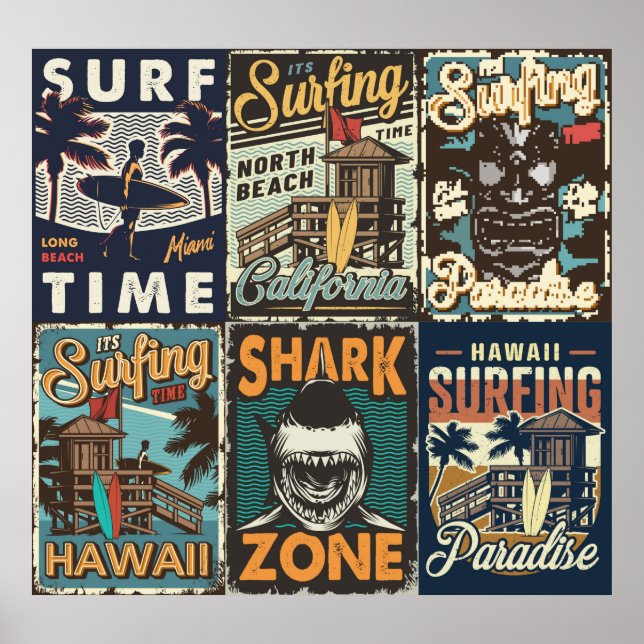 Vintage bunte Surfplakate Set mit Surfbus Poster (Vorne)