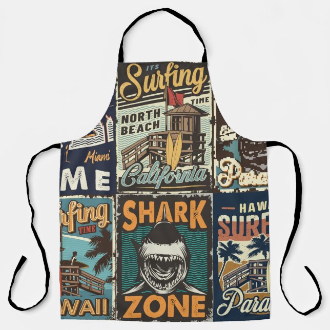 Vintage bunte Surfplakate Set mit Surfbus Schürze (Vorderseite)