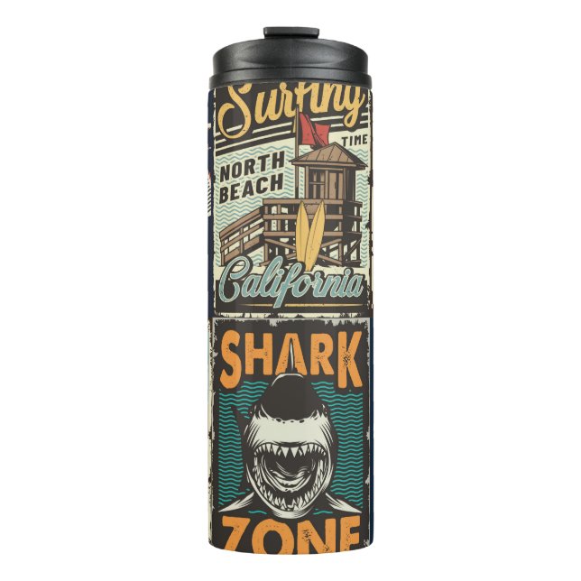 Vintage bunte Surfplakate Set mit Surfbus Thermosbecher (Vorderseite)