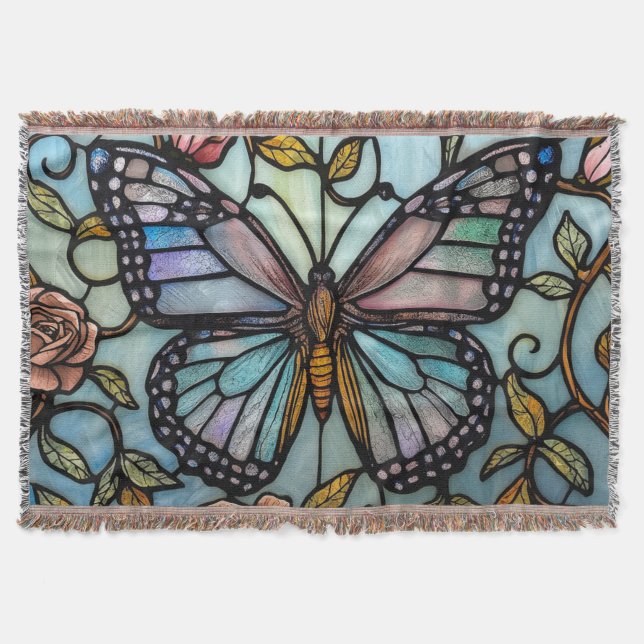vintage Buntglas Blau Schmetterling Kunst  Decke (Vorderseite)