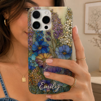 Vintage-Buntglas-Garten-Blumenmuster personalisier iPhone 16 Pro Max Hülle