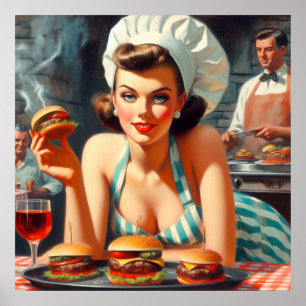 Vintage Burger BBQ Frau Poster