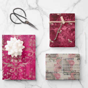 Vintage Burgindy Bee Blume Mix und Match Geschenkpapier Set