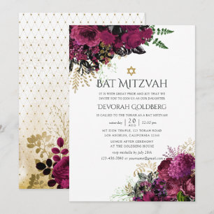 Vintage Burgund-Marsala & Gold Floral Bat Mizwa Einladung