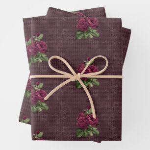 Vintage Burgund-Rose auf Harlequin Geschenkpapier Set