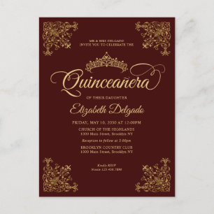 Vintage Burgund Weinrot Elegante Tiara Quinceanera Postkarte