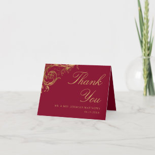 Vintage Burgundy Gold Floral Damask Foto Hochzeit Dankeskarte
