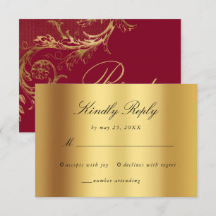 Vintage Burgundy Gold Floral Damask Script Hochzei RSVP Karte