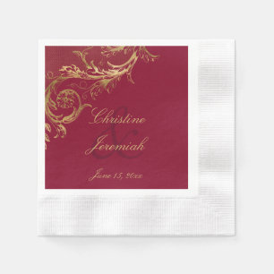 Vintage Burgundy Gold Floral Damask Script Hochzei Serviette