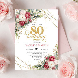 Vintage Burgundy Red Gold 80th Birthday Invite Einladung