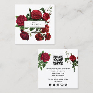 Vintage Burgundy-Rote Rosen Blumenmuster-Blume QR- Quadratische Visitenkarte