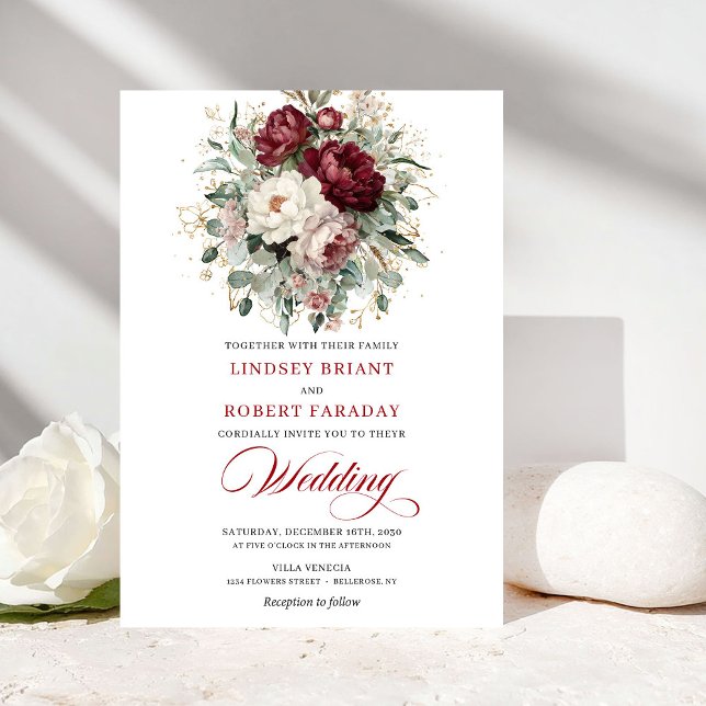 Vintage Burgundy White Floral Wedding Invitation Einladung (Vintage Burgundy White Floral Wedding Invitation)