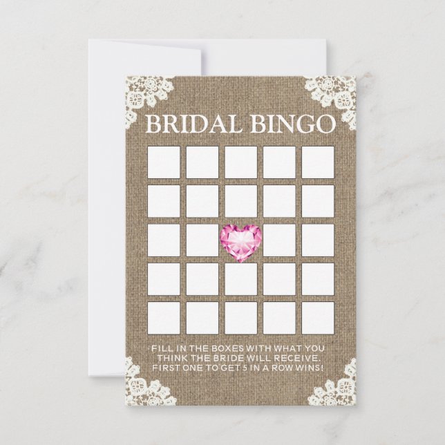 Vintage Burlap Bingo Cards mit Brautparty-Lakat (Vorderseite)