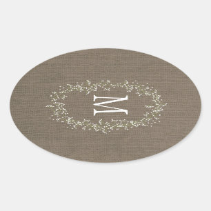 Vintage Burlap Floral Monogram Ovaler Aufkleber