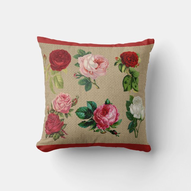 Vintage Burlap-Rose Cotton Throw Kissen (Vorderseite)
