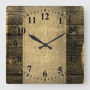 Vintage Burlap Rustic Wood Look #3 Quadratische Wanduhr