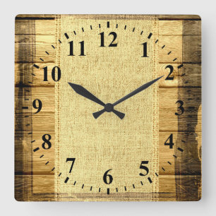 Vintage Burlap Rustic Wood Look Quadratische Wanduhr