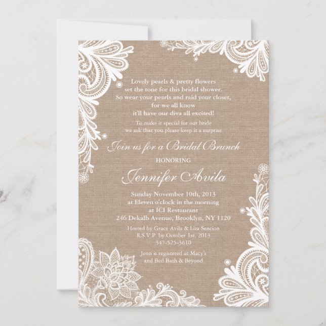 Vintage Burlap- und Lace Bridal-Dusche Einladung (Vorderseite)