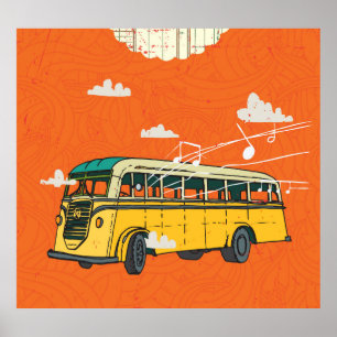 Vintage Bus: Wolkenstrukturhintergrund Poster