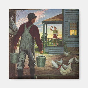 Vintage Business, Bauernhof mit Landwirt und Hühne Magnet