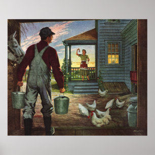 Vintage Business, Farm with Farmer and Chickens Poster