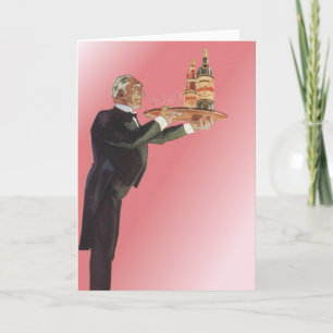 Vintage Butler im Smoking serviert Wein auf einem  Karte