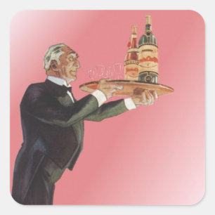 Vintage Butler im Smoking serviert Wein auf einem Quadratischer Aufkleber