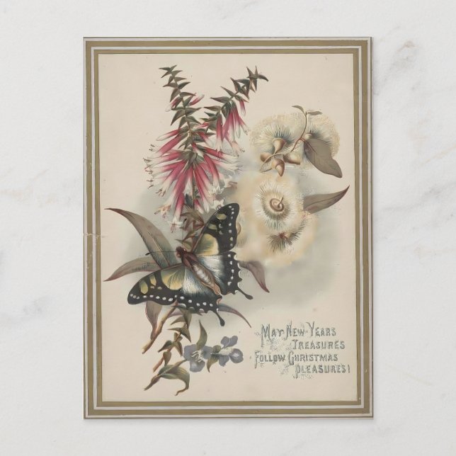 Vintage Butterfly & Australian Flowers Christmas Postkarte (Vorderseite)