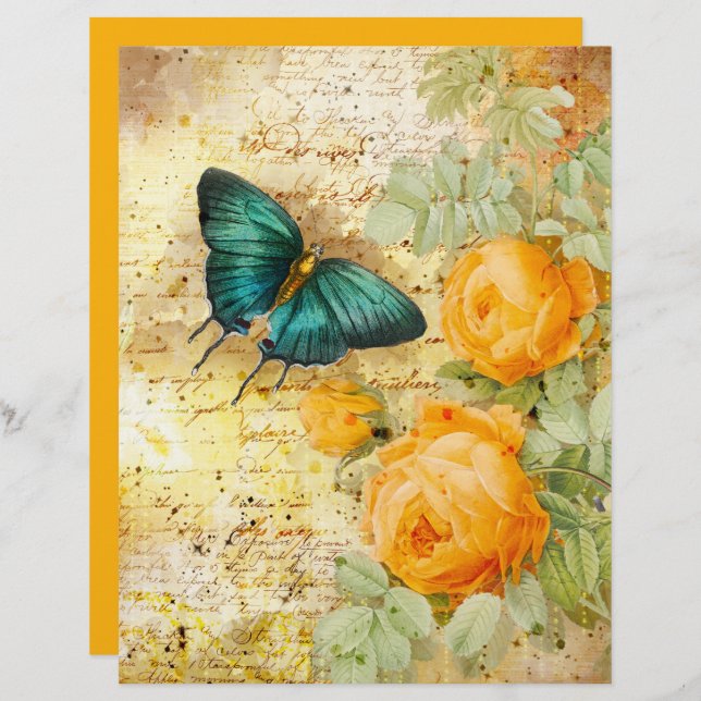 Vintage Butterfly Orange Blume Scrapbook Paper (Vorne/Hinten)