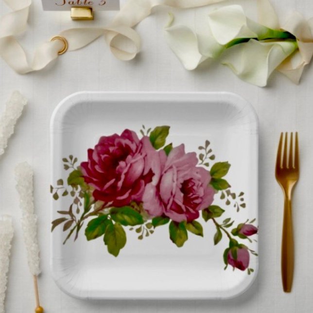 Vintage Cabbage Rose Eleganz Papierplatte Pappteller ( Paper Plates Durable paper stock FDA compliant food safety. )