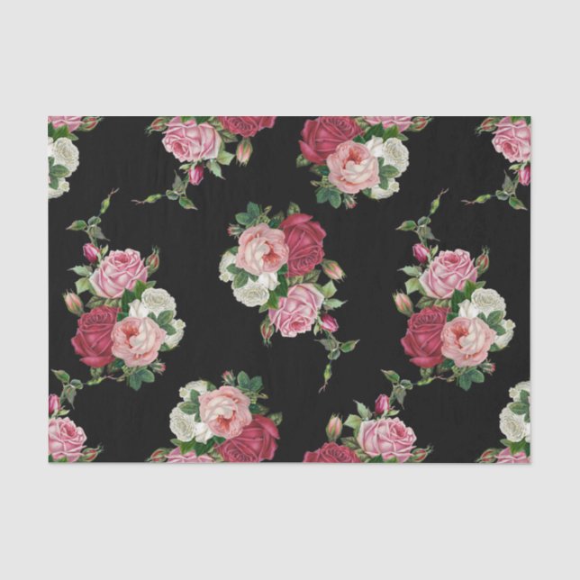 Vintage Cabbage-Rose - Schwarzer Hintergrund Seidenpapier (Vorderseite)