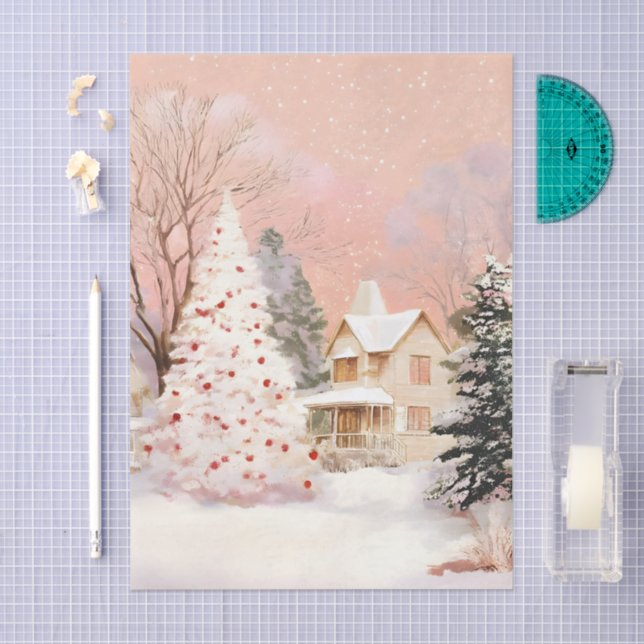 Vintage Cabin & Snowy Tree Decoupage  Seidenpapier (Handwerk)