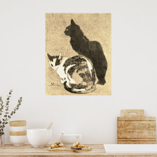 Vintage Calico-Katze und schwarze Katze Art Nouvea Poster