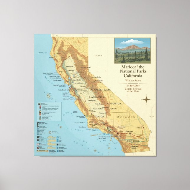 Vintage California National Parks Map Art Leinwanddruck (Vorderseite)