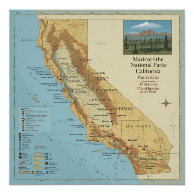 Vintage California National Parks Map Art Poster (Vorderseite)
