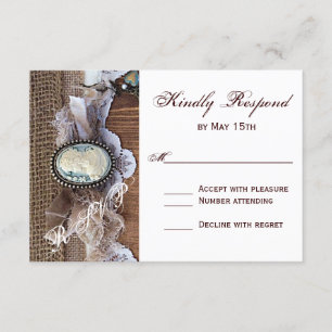 Vintage Cameo Key Burlap Wood Wedding RSVP Karte