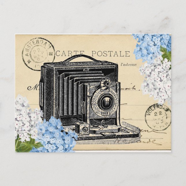 Vintage Camera Blue Blume Postkarte (Vorderseite)