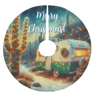 Vintage Camper Saguaro Kaktus Weihnachten Blau Grü Polyester Weihnachtsbaumdecke