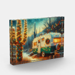 Vintage-Camper-Weihnachten in der Wüste Saguaro-Ka Fotoblock