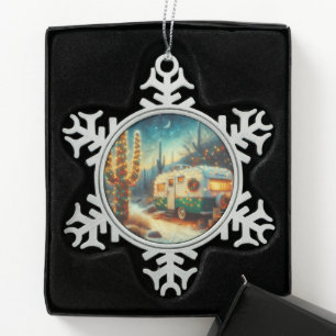 Vintage-Camper-Weihnachten in der Wüste Saguaro-Ka Schneeflocken Zinn-Ornament
