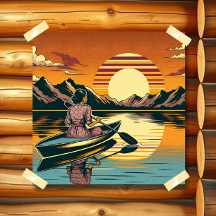Vintage-Camping-Szene Frau beim Kayakfahren Poster