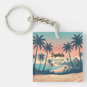Vintage Cancun 2026 Tropischer Strandsonnenunterga Schlüsselanhänger