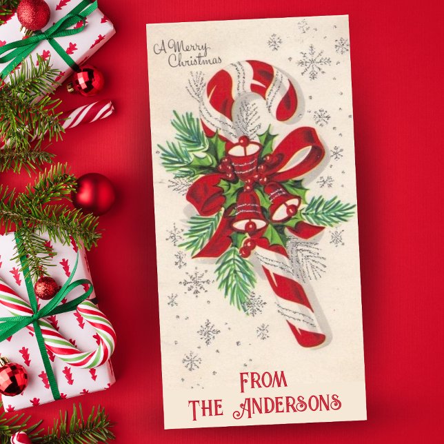 Vintage Candy Cane und Glocken Weihnachten (Vintage Candy Cane And Bells Custom Christmas Holiday Card. Add a special message & your name!)